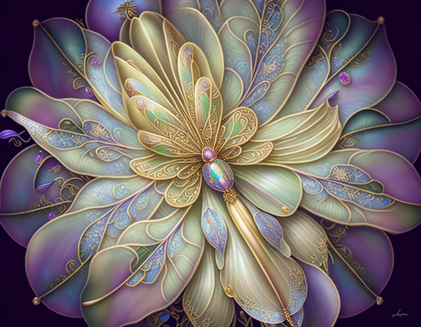 Intricate Purple and Gold Stylized Flower Artwork