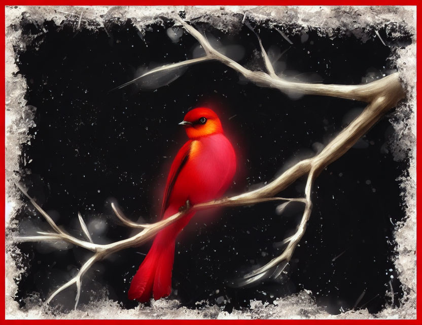 Red cardinal on snowy branch with dark border