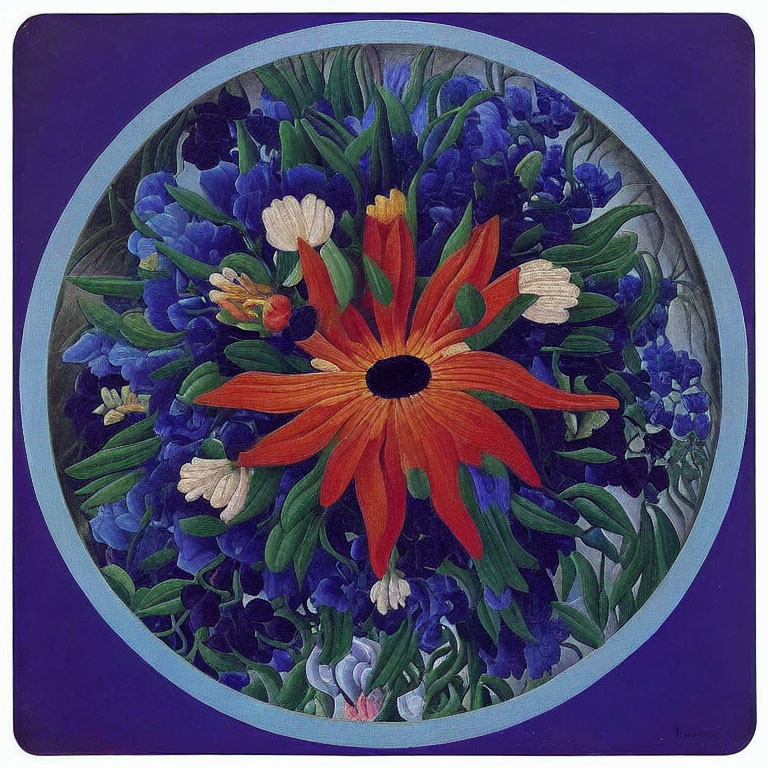 Circular Composition of Vibrant Flowers with Red-Orange Bloom on Blue Background