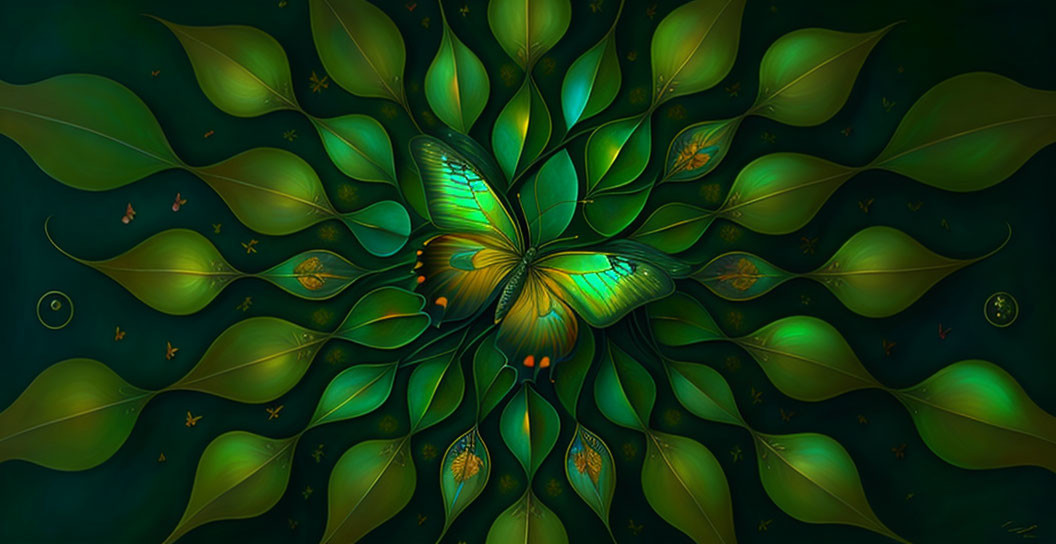 Symmetrical leaf patterns with luminescent butterfly on dark green background