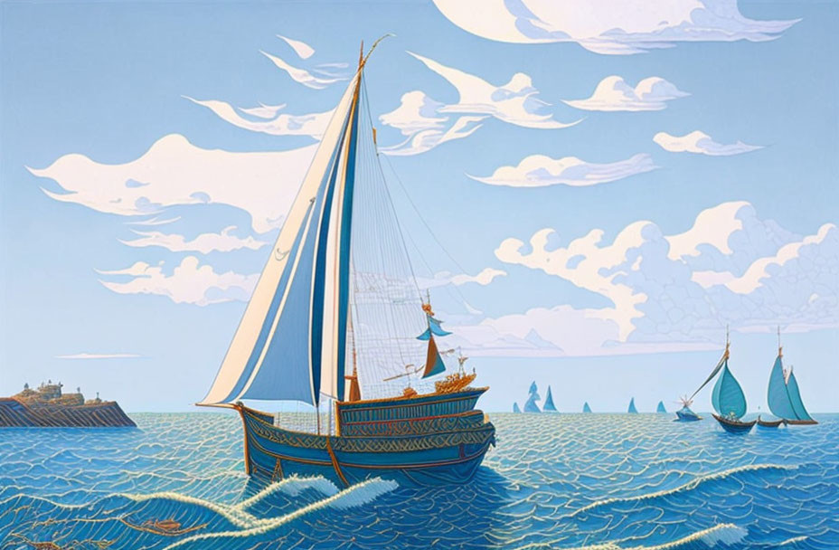 Colorful sailboat painting on wavy sea with whimsical sky