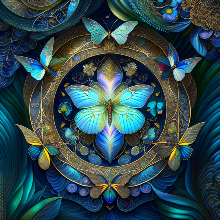 Colorful Digital Art: Butterflies with Golden Patterns & Botanical Motifs