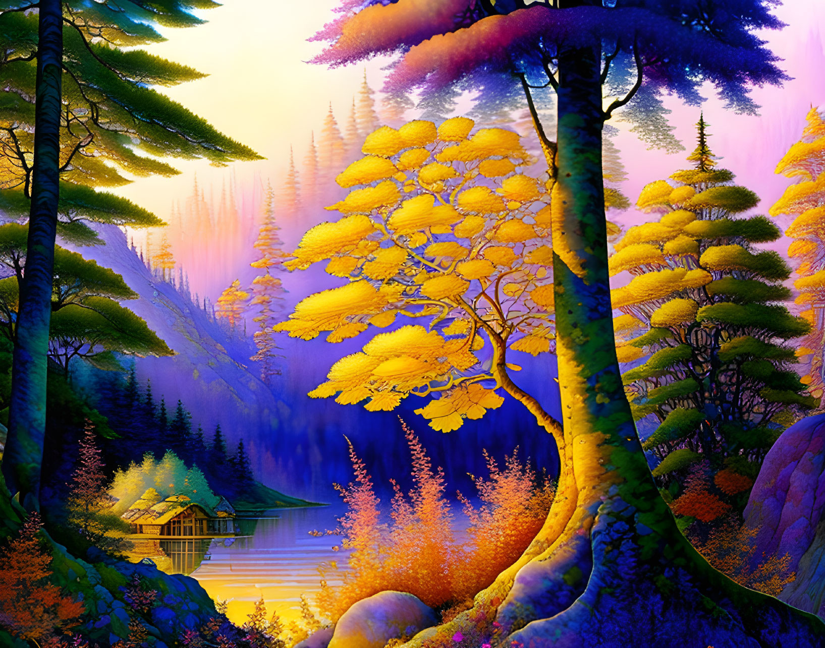 Colorful Forest with Lake and Cabin in Mystical Landscape