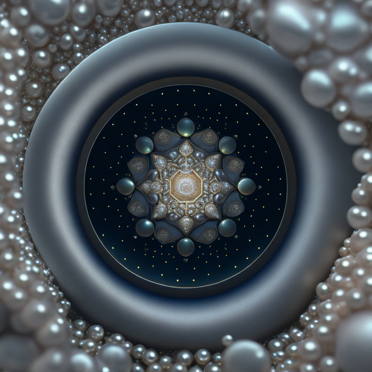 Circular Fractal Image with Pearl-like Spheres on Dark Background