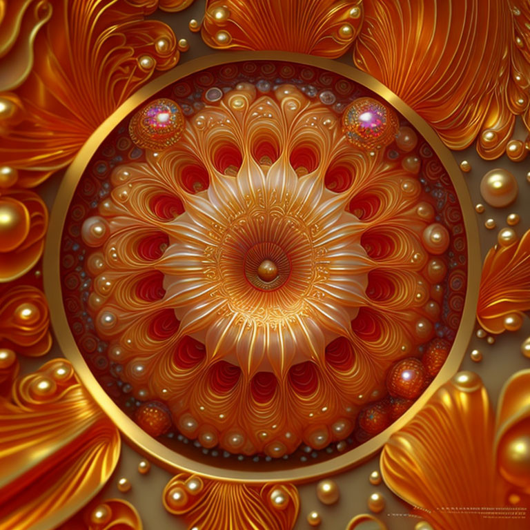 Intricate Orange and Gold Fractal Art with Symmetrical Blooming Design