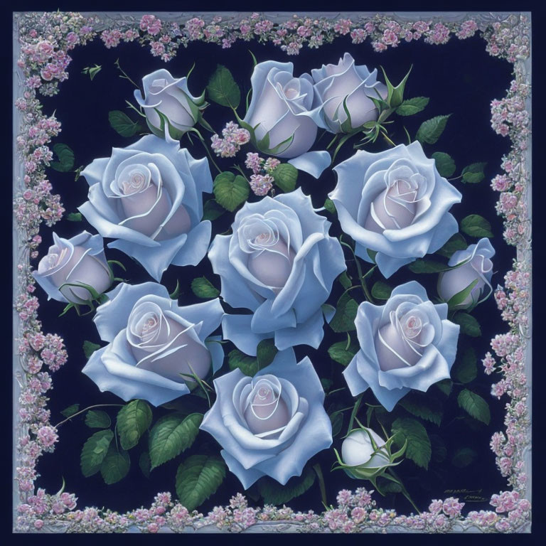 Surreal blue roses and green leaves on dark backdrop with pink flower border