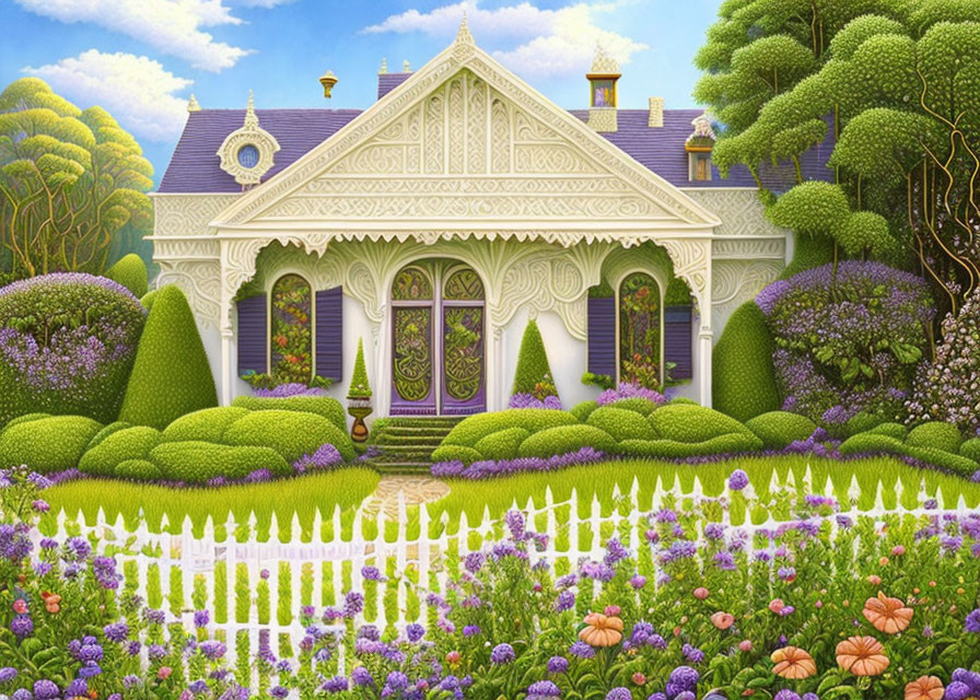 Ornate White Cottage Surrounded by Lush Gardens and Colorful Flowers