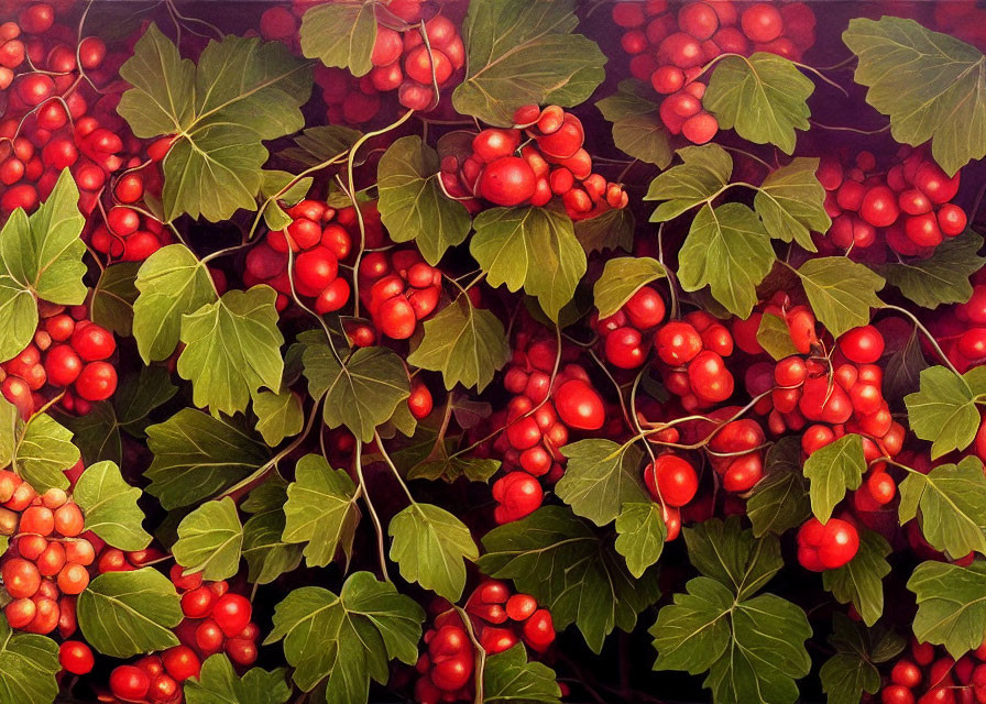 Realistic Painting of Vibrant Red Berries and Green Leaves