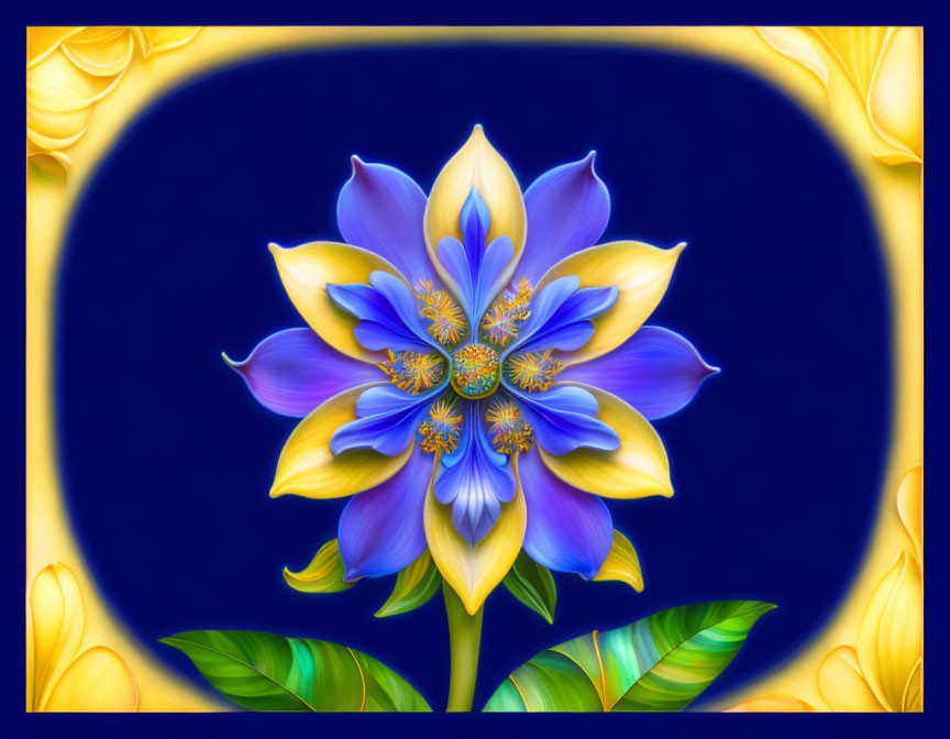 Stylized blue and yellow flower illustration on dark blue background