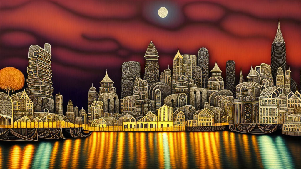 Colorful city skyline illustration with diverse buildings and towers reflected in water under a moonlit sky.