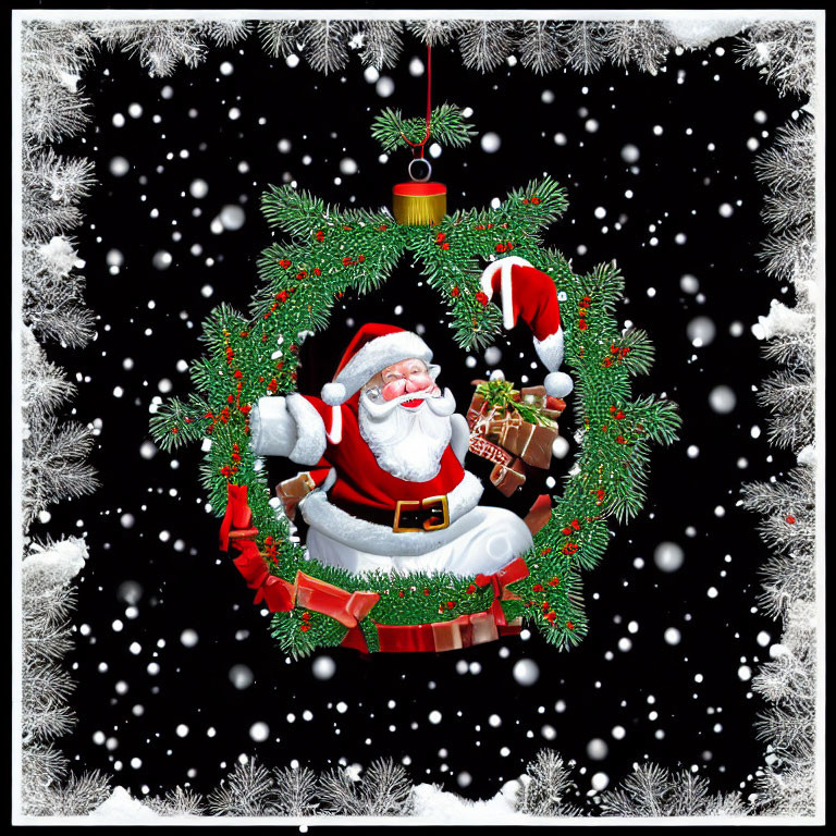 Festive Christmas wreath with Santa Claus in snowy scene