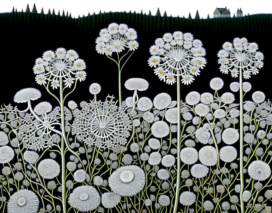 Monochrome illustration of dandelion field, trees, and house