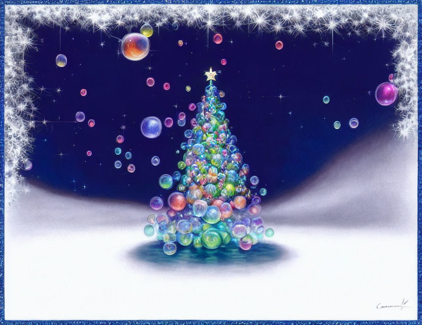 Colorful Bubble Decorated Christmas Tree Under Starry Night Sky