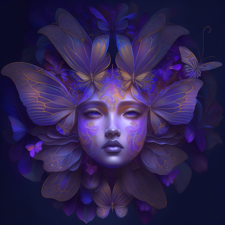 Surreal female portrait with butterfly wings and floral elements in purple and blue