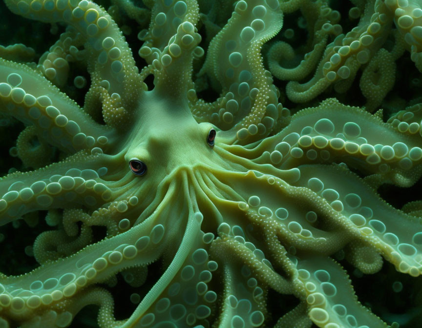 Detailed Close-Up of Green Octopus with Splayed Tentacles