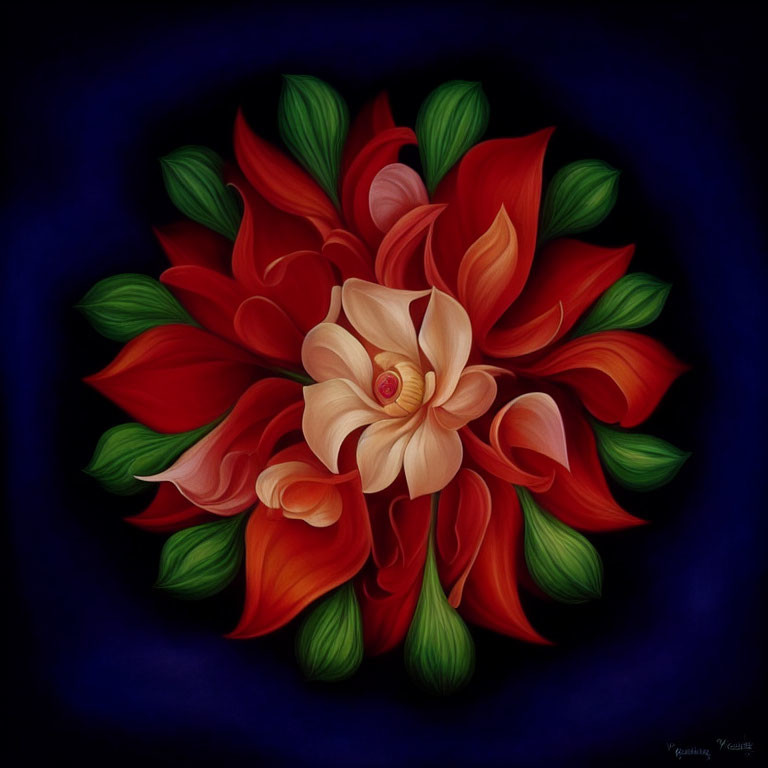 Symmetrical floral digital painting with cream blossom on dark blue background