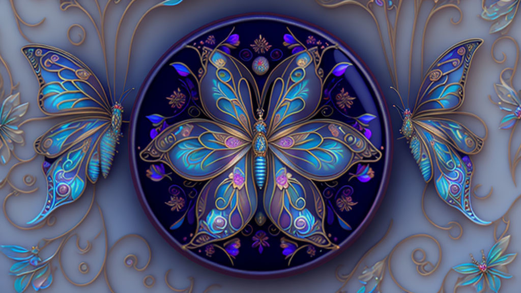 Colorful Stylized Butterfly Artwork with Botanical Motifs