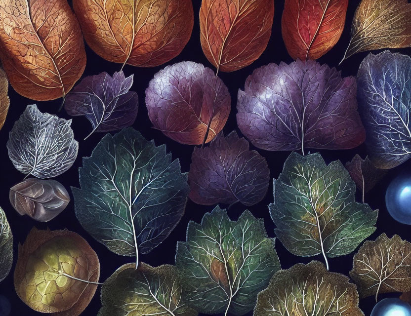 Colorful Detailed Leaves Pattern on Dark Background