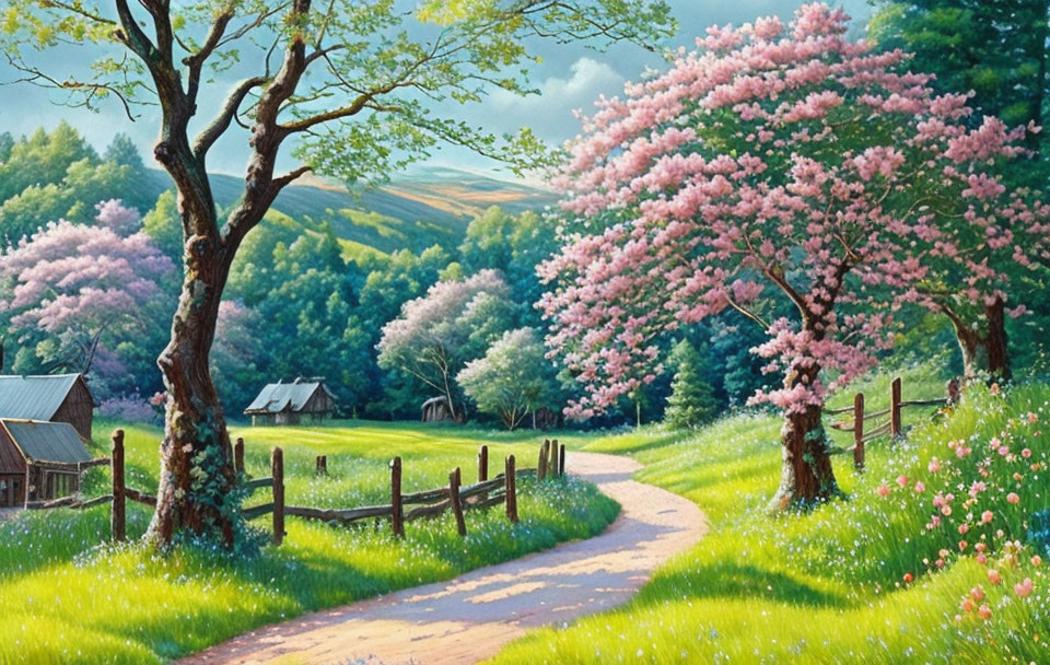 Tranquil countryside path with cherry trees, cottage, and wildflowers