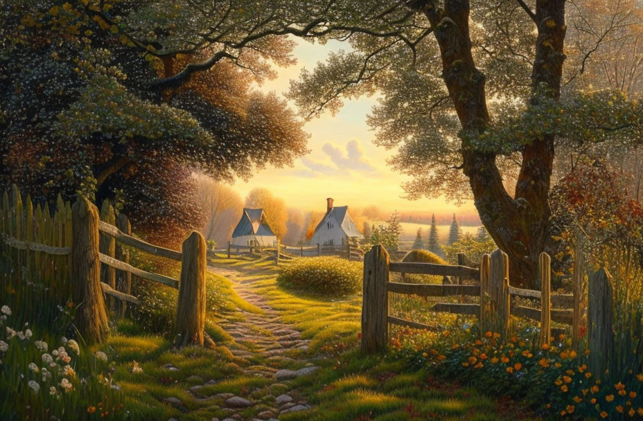 Tranquil sunset countryside with cobblestone path, wooden gate, thatched-roof cottages