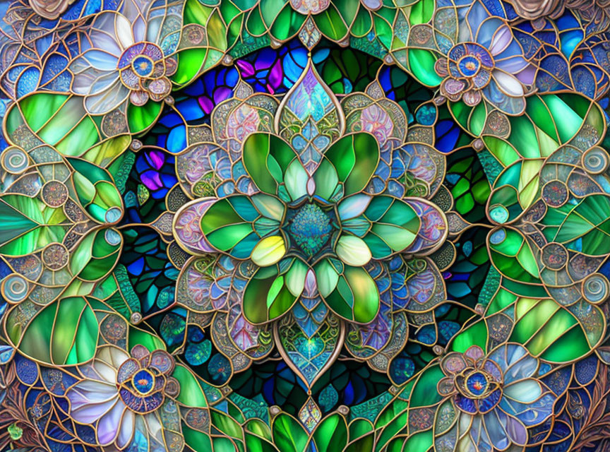 Colorful Floral Stained Glass Pattern in Blues, Greens, and Purples