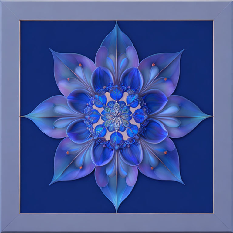 Symmetric blue flower digital art in 3D effect on purple background