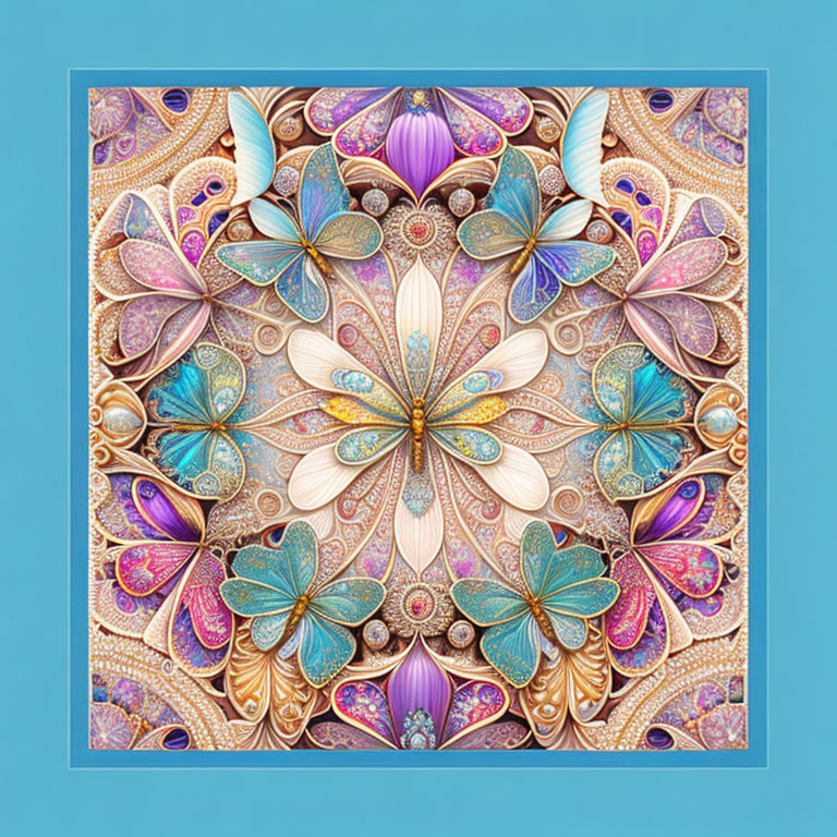 Symmetrical fractal digital art with ornate floral patterns in blues, purples, and gold