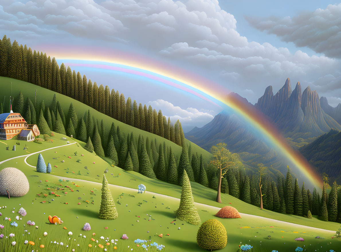 Colorful landscape with rainbow, pine forest, mountains, house, trees, and meadow.