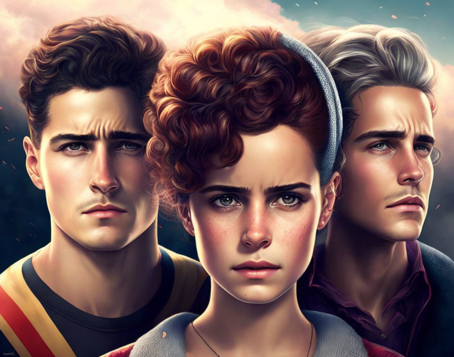 Intense expressions on three animated characters: one red-haired female between two males with dark and light hair