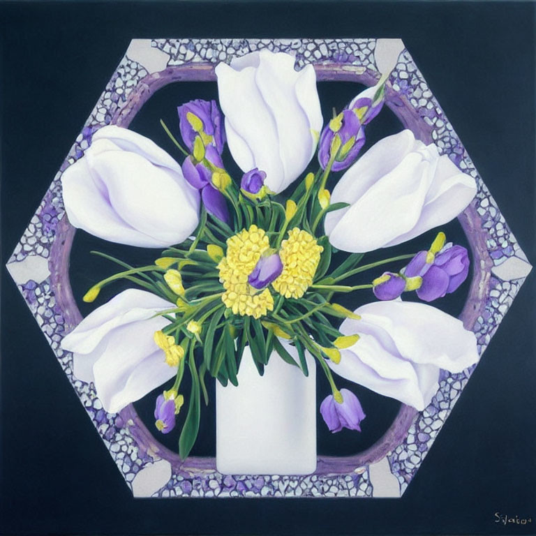 Symmetrical geometric composition with white, purple, and yellow flowers