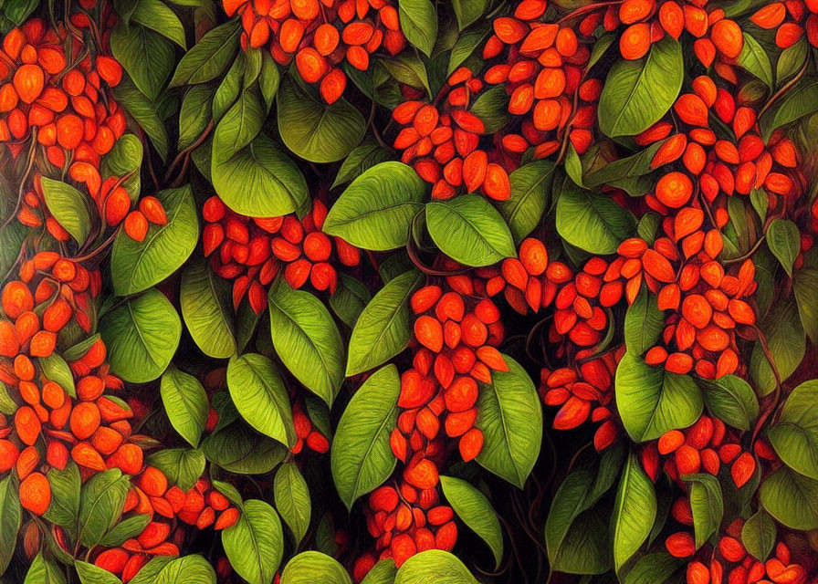 Green leaves and red berries create vibrant natural tapestry