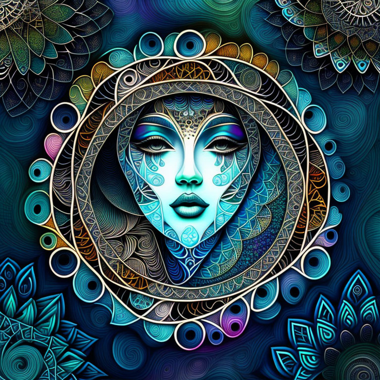 Vibrant digital illustration: woman's face with mandala patterns