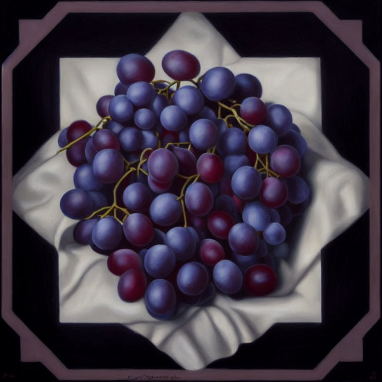 Realistic Painting of Purple Grapes on White Cloth with Dark Octagonal Frame