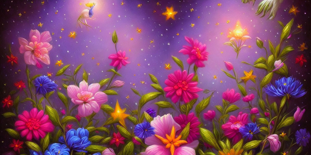 Fantasy scene with vibrant flowers and glowing figure in magical sky