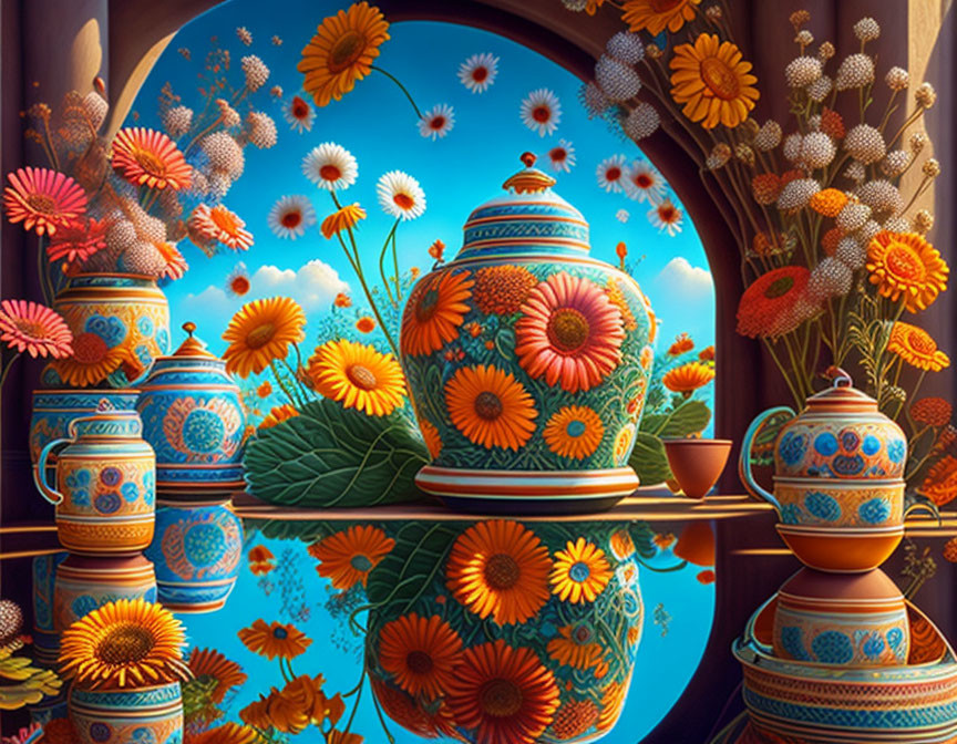 Colorful ceramic vases and teapot with sunflowers in a fantasy setting.