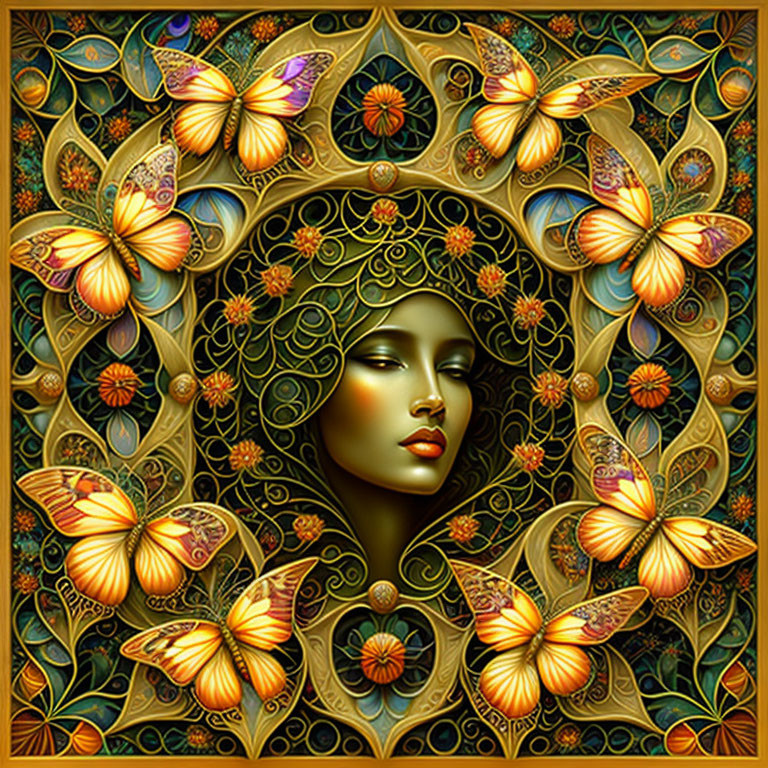 Symmetrical portrait with ornate patterns and butterflies