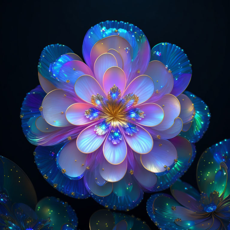 Iridescent Flower Digital Art with Neon Blue Highlights