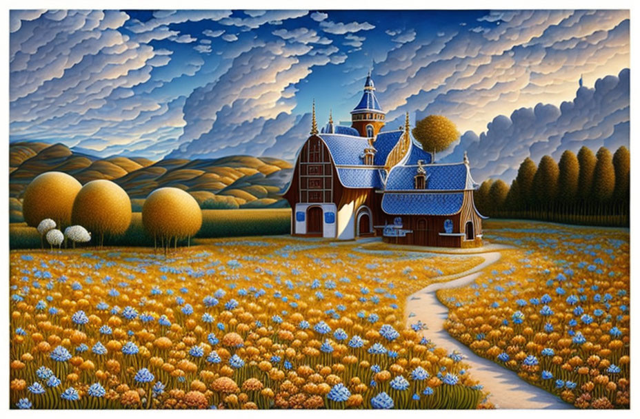 Vibrant landscape painting with blue and yellow flowers, haystacks, path, and ornate barn