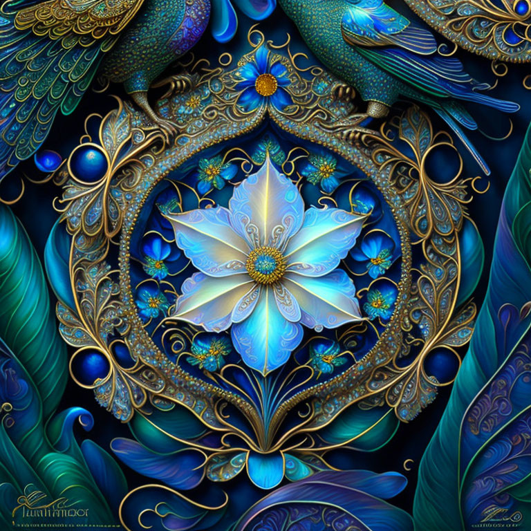 Digital Artwork: Gold-trimmed Peacock Feathers Surrounding Lotus Flower