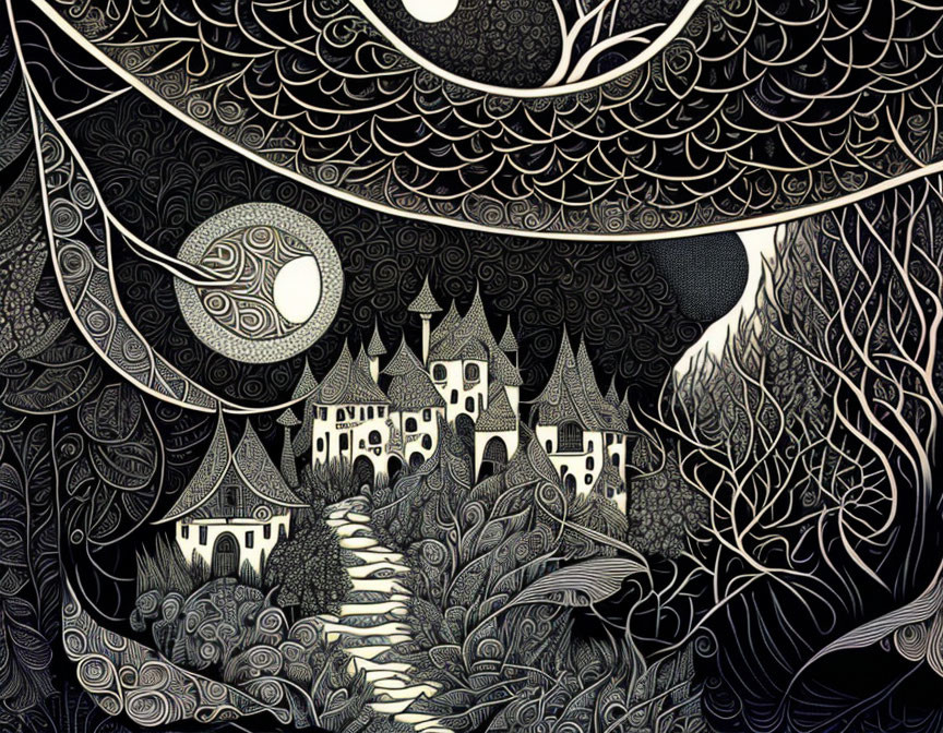 Detailed black and white fantasy landscape with castle, swirling skies, yin-yang symbol, and styl