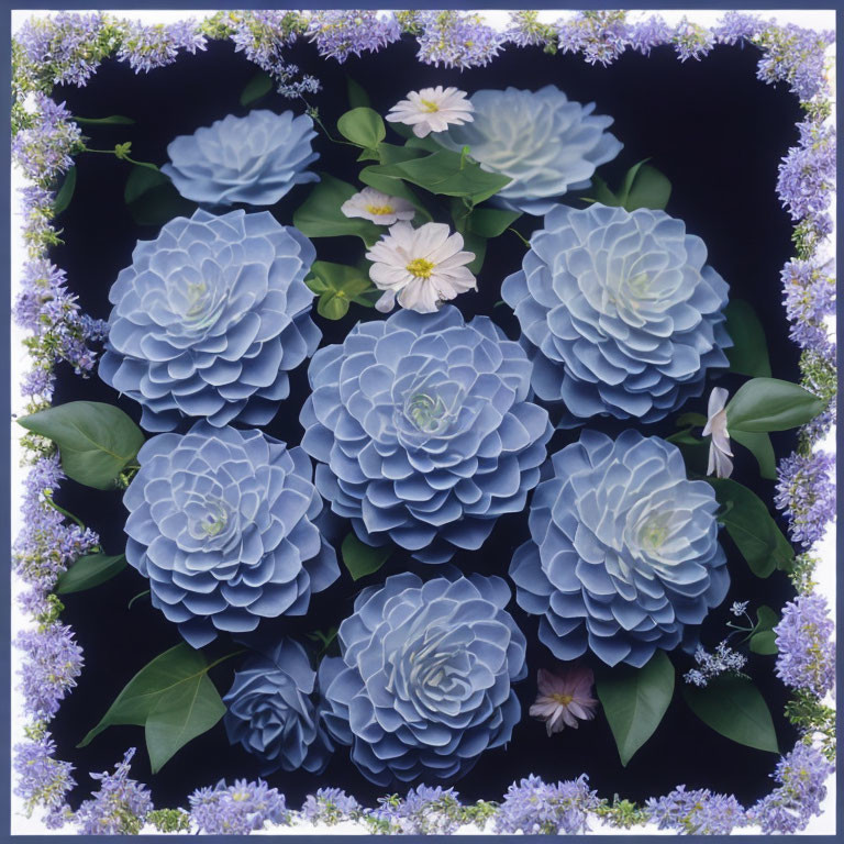 Blue hydrangea flowers with white and lilac blossoms on dark background