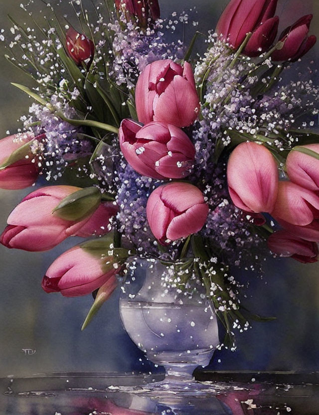 Pink tulips and white baby's breath in glass vase with water droplets