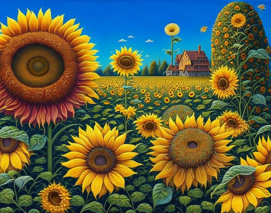 Colorful sunflower field painting with farmhouse, tree, and clear sky