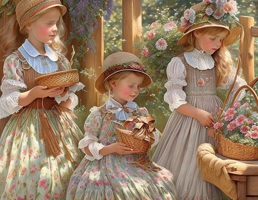 Three girls in vintage dresses and hats with flower baskets in sunlit garden