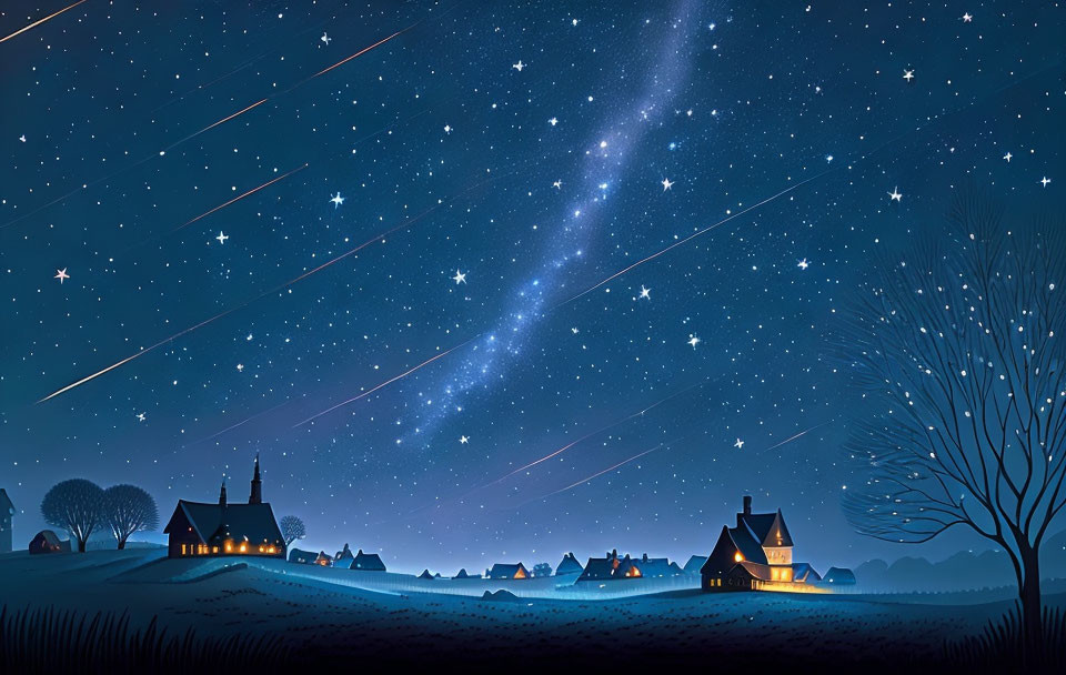 Starry night sky over illuminated village with shooting stars