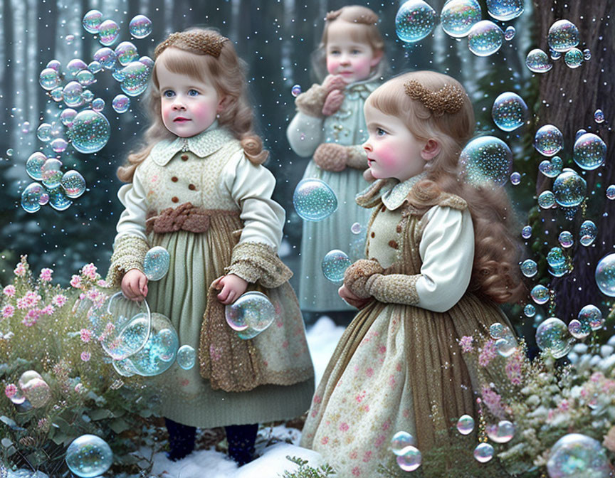 Toddler in winter coat among soap bubbles and snowy backdrop.