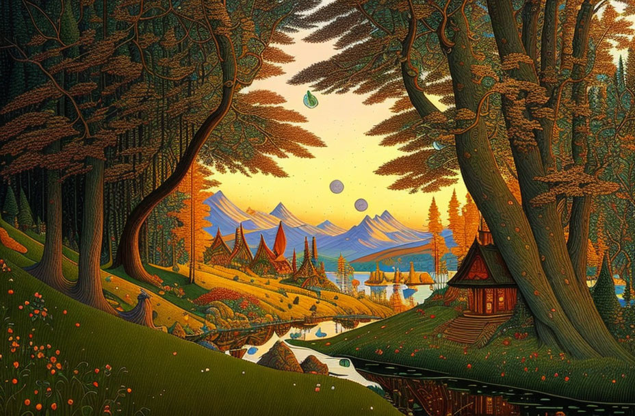 Detailed Stylized Landscape of Serene Village, Trees, Mountains, and Moons