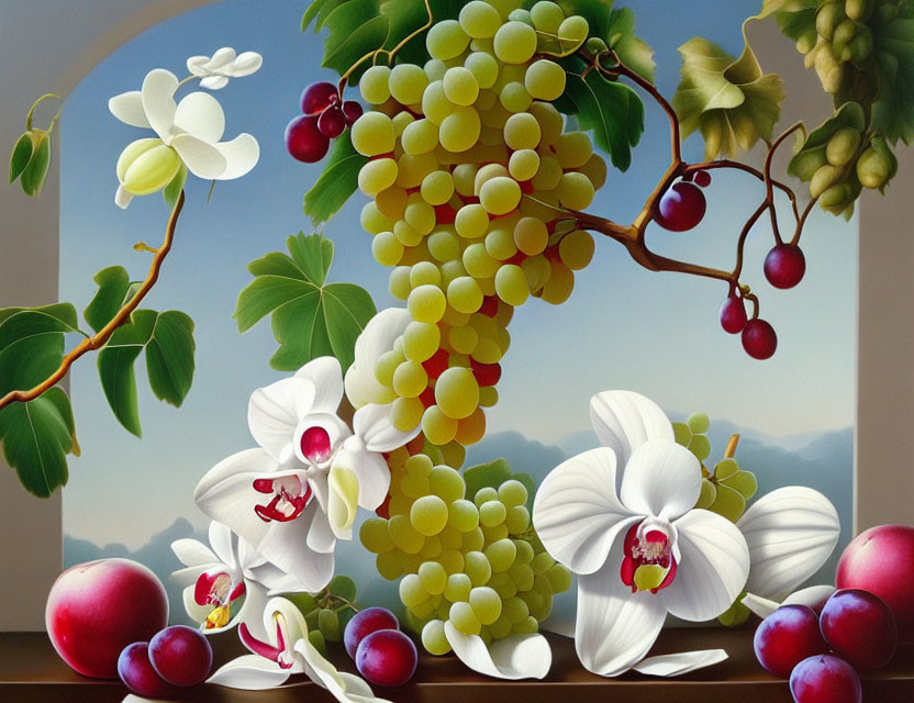 Still life painting of grapes, orchids, and cherries by open window