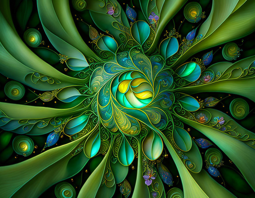 Colorful Digital Fractal Image: Abstract Flower Patterns in Green, Blue, and Yellow