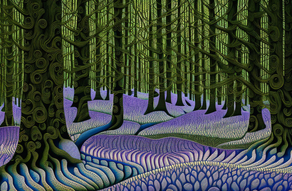 Fractal landscape with green and purple patterns